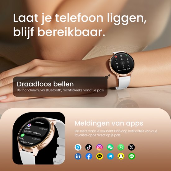 Gouden smartwatch met wit bandje, met meldingen van apps zoals TikTok en Instagram. Draadloos bellen is mogelijk.
