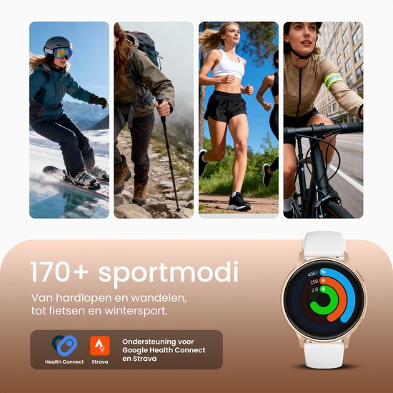 Collage van sportieve activiteiten: skiën, wandelen, hardlopen en fietsen. Gouden smartwatch met wit bandje, toont sportmodi.