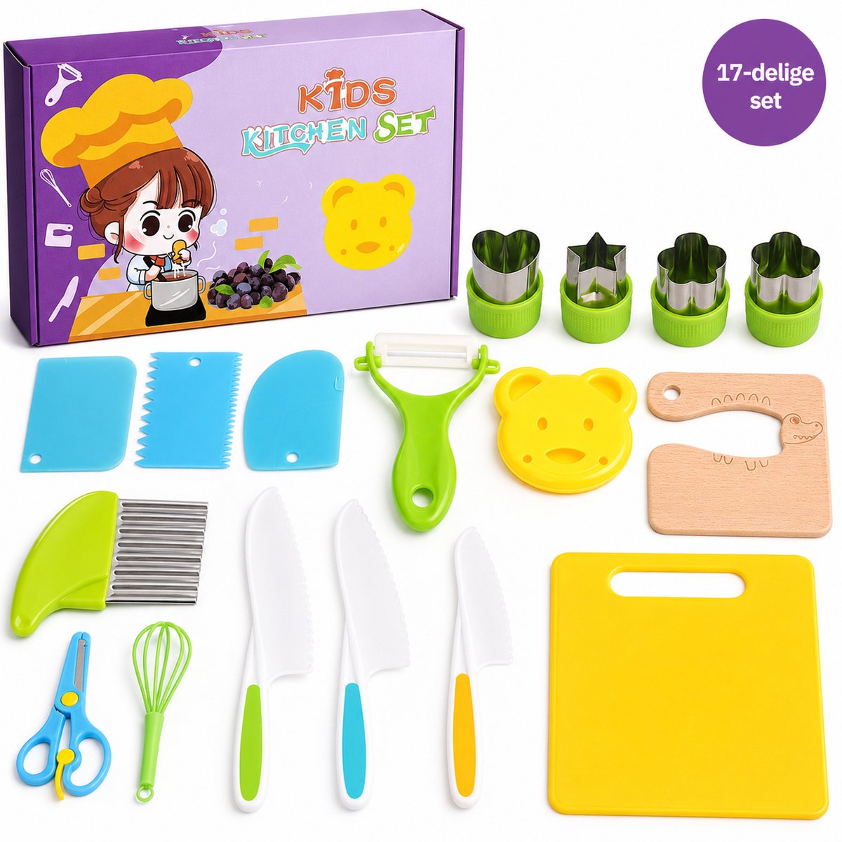 YYchan Kindermessenset-17 Delige Set-Kinderbestek-Veilige Messen Voor Kinderen-Gekleurde kindermessen-keukenset kinderkeuken-Kindermessen met Snijplank Schilmesje Kindermes Frietsnijder
