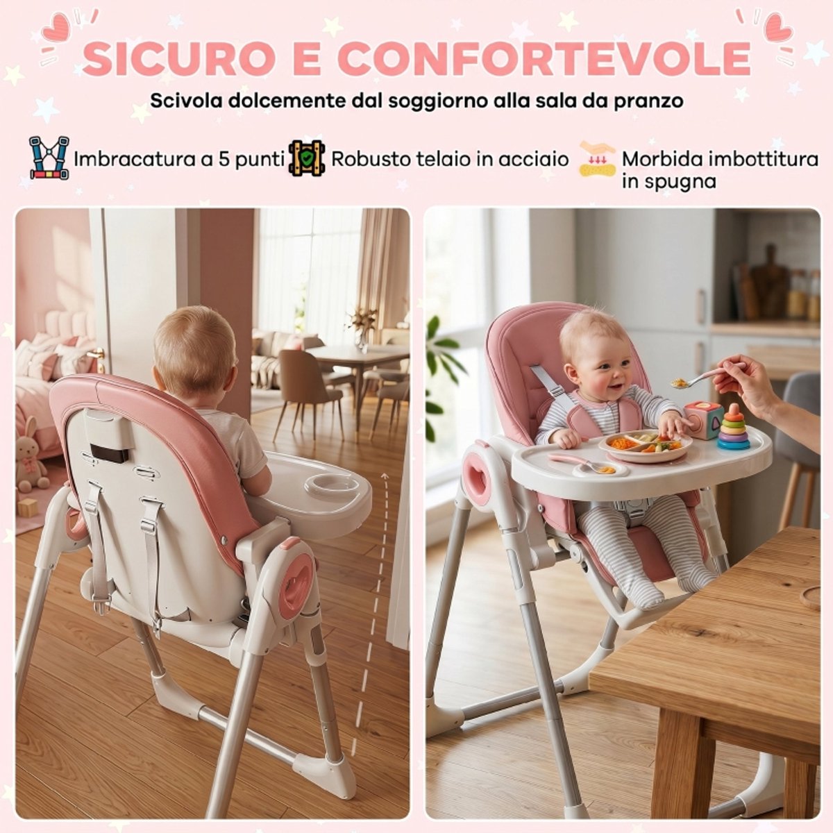 Hoge kruk - babystoel - babyvoedingsstoel - eetstoel - opvouwbare stoel - met dienblad - gemakkelijk schoon te maken - met voetensteun - in hoogte verstelbaar - woonaccessoires - geschikt voor baby’s van 6-36 maanden (roze, 75*55 cm) – foto 8