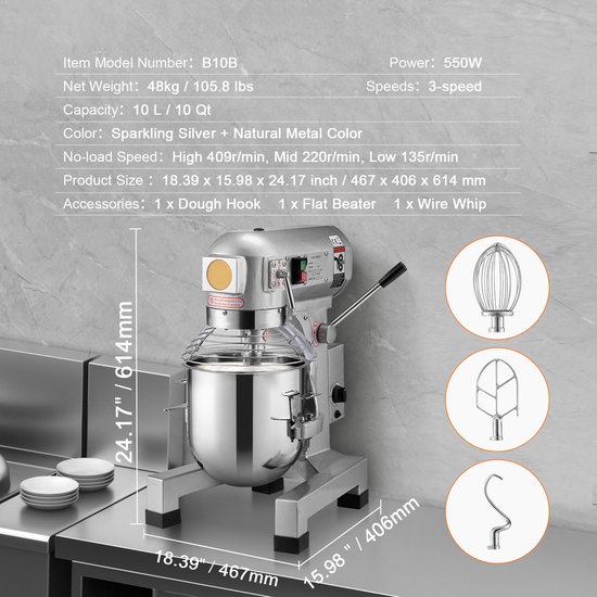 Commerciële Keukenmixer, 10L Staande Mixer met 3 Instelbare Snelheden, 550W Deegmixer met Roestvrijstalen Kom en 3 Mixaccessoires, Geschikt voor Restaurants, Bakkerijen, Patisserieën en Cafés — afbeelding 3