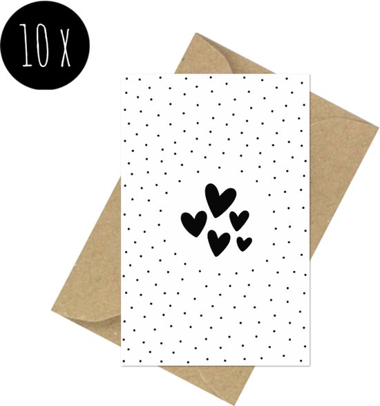10x minikaartjes met een witte achtergrond met zwarte stippen en een cluster van vijf zwarte hartjes. Inclusief bruine kraft envelop.