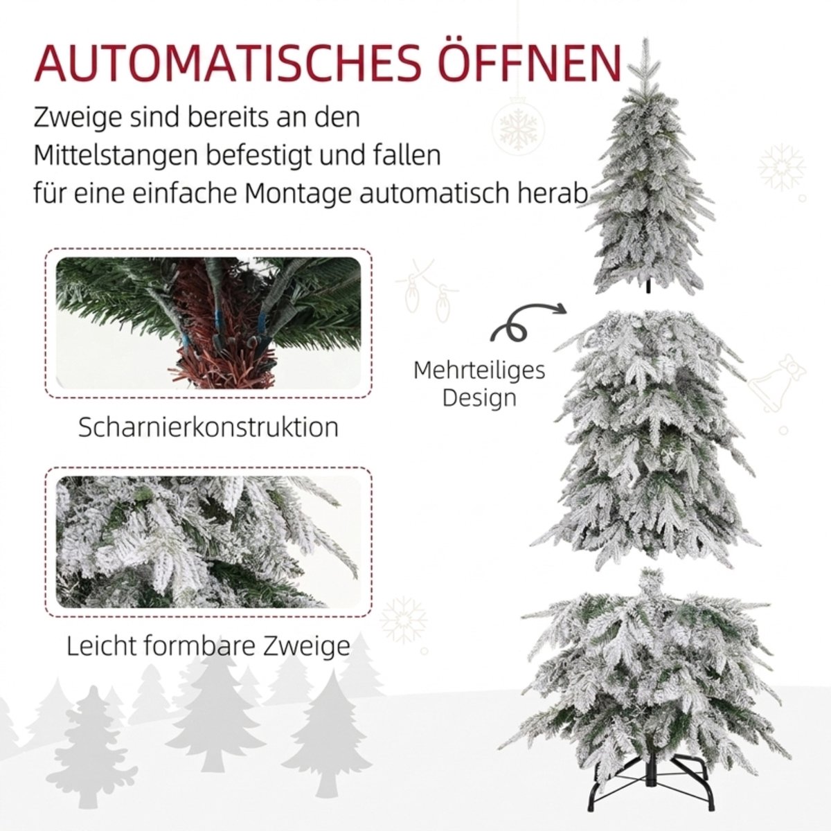 REDOM - Kunstkerstboom 180 cm met 600 dichte takken, kerstboom als echt met kunst sneeuw, auto-openingontwerp
