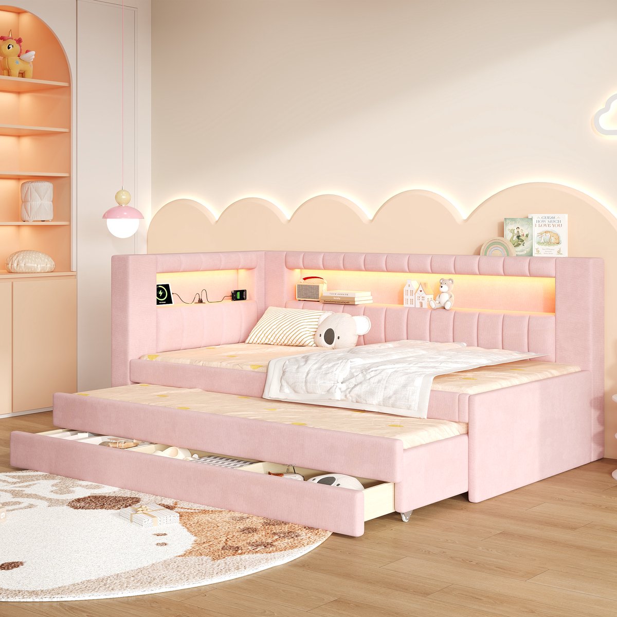 REDOM - Bedbank - LED verlichting met 7 kleuren - Met USB-aansluiting, uitrolbed en drie lades - Gestoffeerd - Kinderkamer - MDF - Roze - 208,5 x 102,5 x 92,5 cm