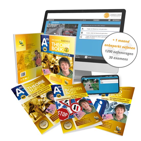 Collectie bromfiets theorie boeken, oefenexamens, rijbewijzen en een computer met oefensoftware.