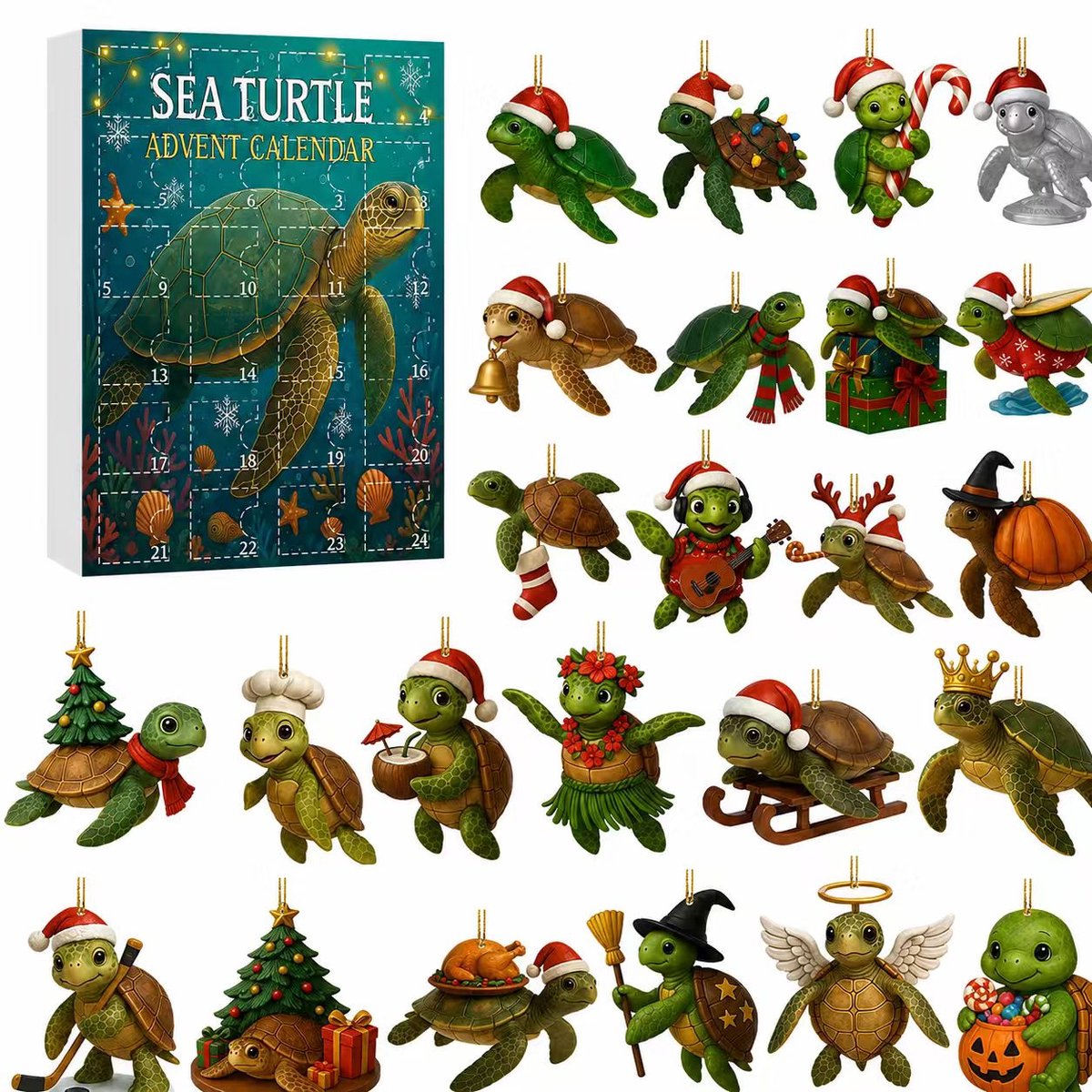 Casalora® Adventskalender 2026 – 24 Verschillende Zeeschildpadden – 2D Acryl Kersthangers – 24 Dagen Kerst Countdown – Kerstboomdecoratie – Cadeau