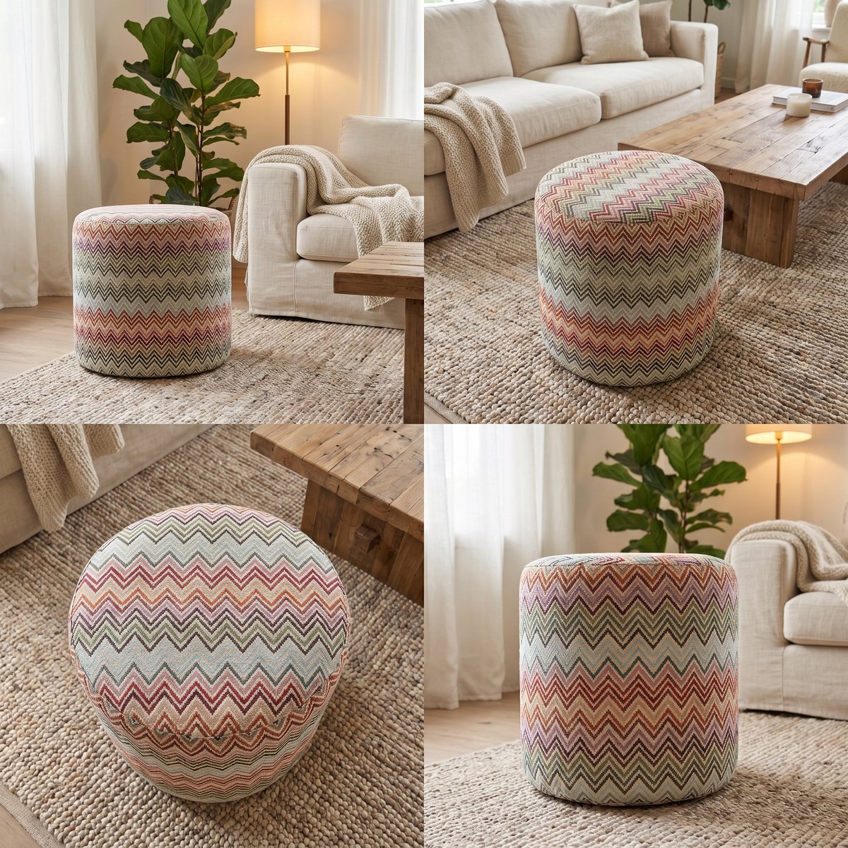 Mörgenn Poef Zigzag Oase - Ronde Poef en Voetenbank - Chevron Geweven - 60x60x50 cm