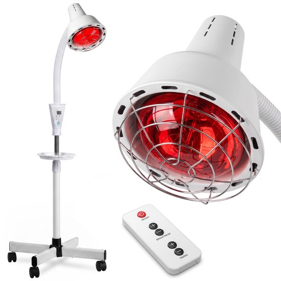 Een witte infraroodlamp op een verrijdbare standaard met een flexibele arm, een metalen kooi om de rode lamp en een afstandsbediening.