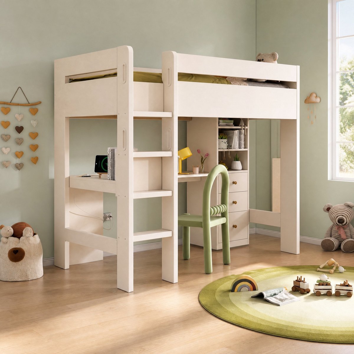 COVREO Hoogslaper met bureau en opbergruimte – 90x200 cm – Kinderbed met ladder en lades – met USB/Type-C laadzone – Wit - zonder matras