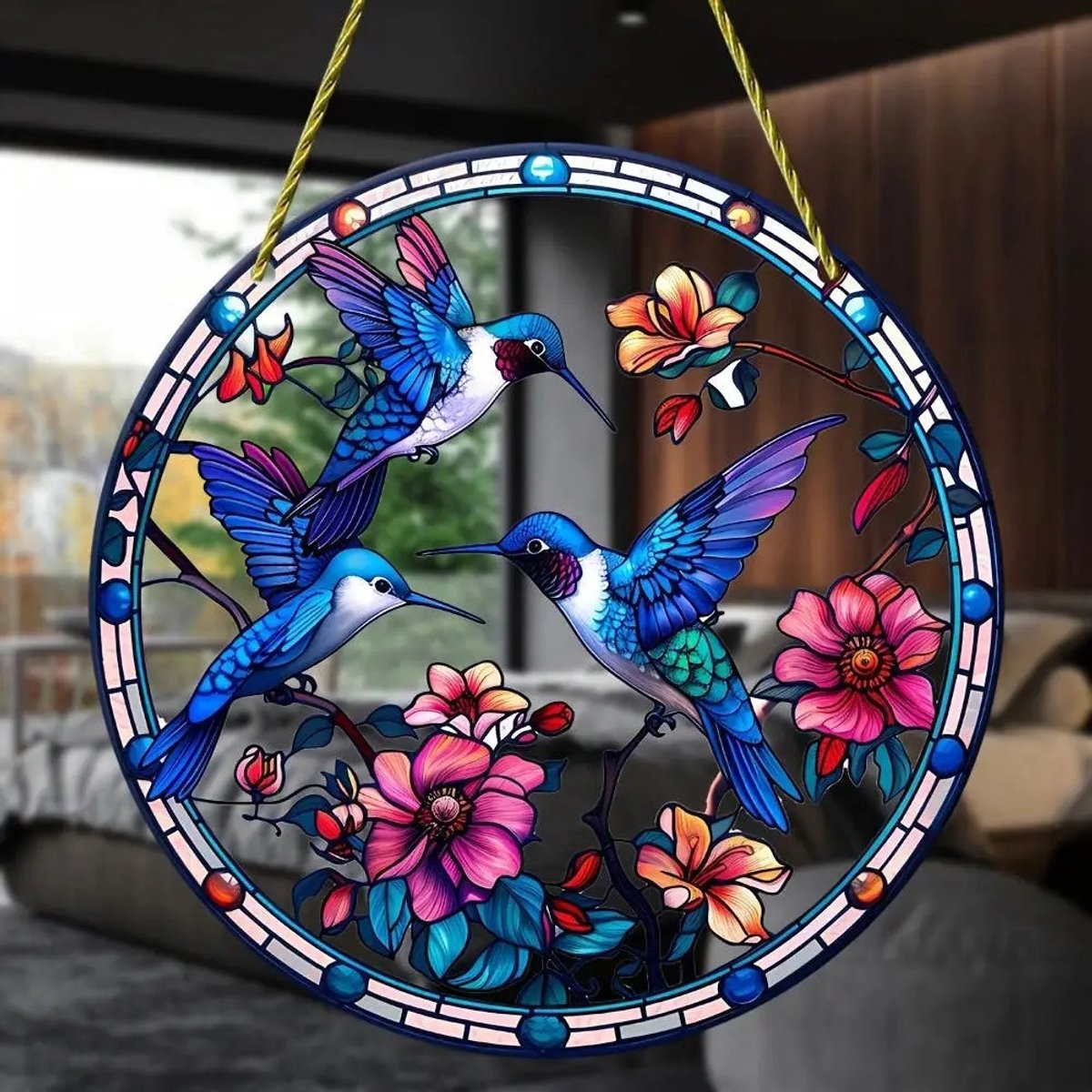 Suncatcher Kolibries & Bloemen - Ronde Acryl Raamdecoratie - Glas-in-lood Stijl - 8 cm - Zonnevanger & Kersthanger