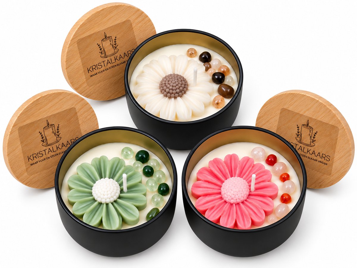 Kristalkaars Bloemenset - Set van 3 Geurkaarsen met Kristallen - Rozenkwarts, Aventurijn & Bergkristal - Cadeau
