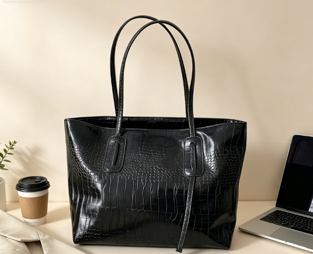 Zwart (enkel exemplaar) – Dameshandtas/tote bag; gemaakt van PU-leer; ruime schoudertas met ritssluiting, geschikt voor werk, winkelen en school.