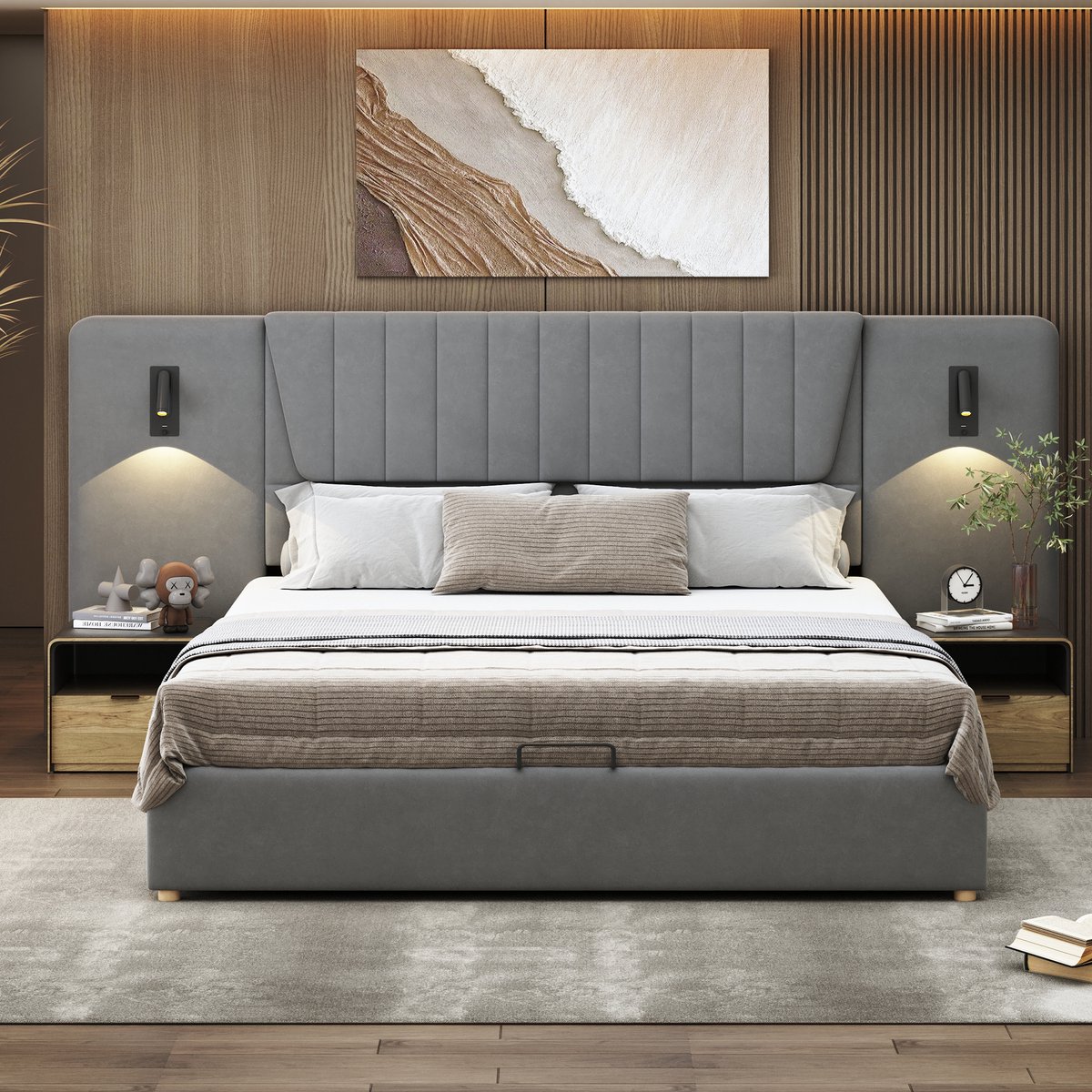 Gestoffeerd bed - Fluwelen tweepersoonsbed - Leeslamp en USB - Hydraulische opbergruimte - 300kg draagvermogen - Slaapkamer - 180x200 cm - Grijs