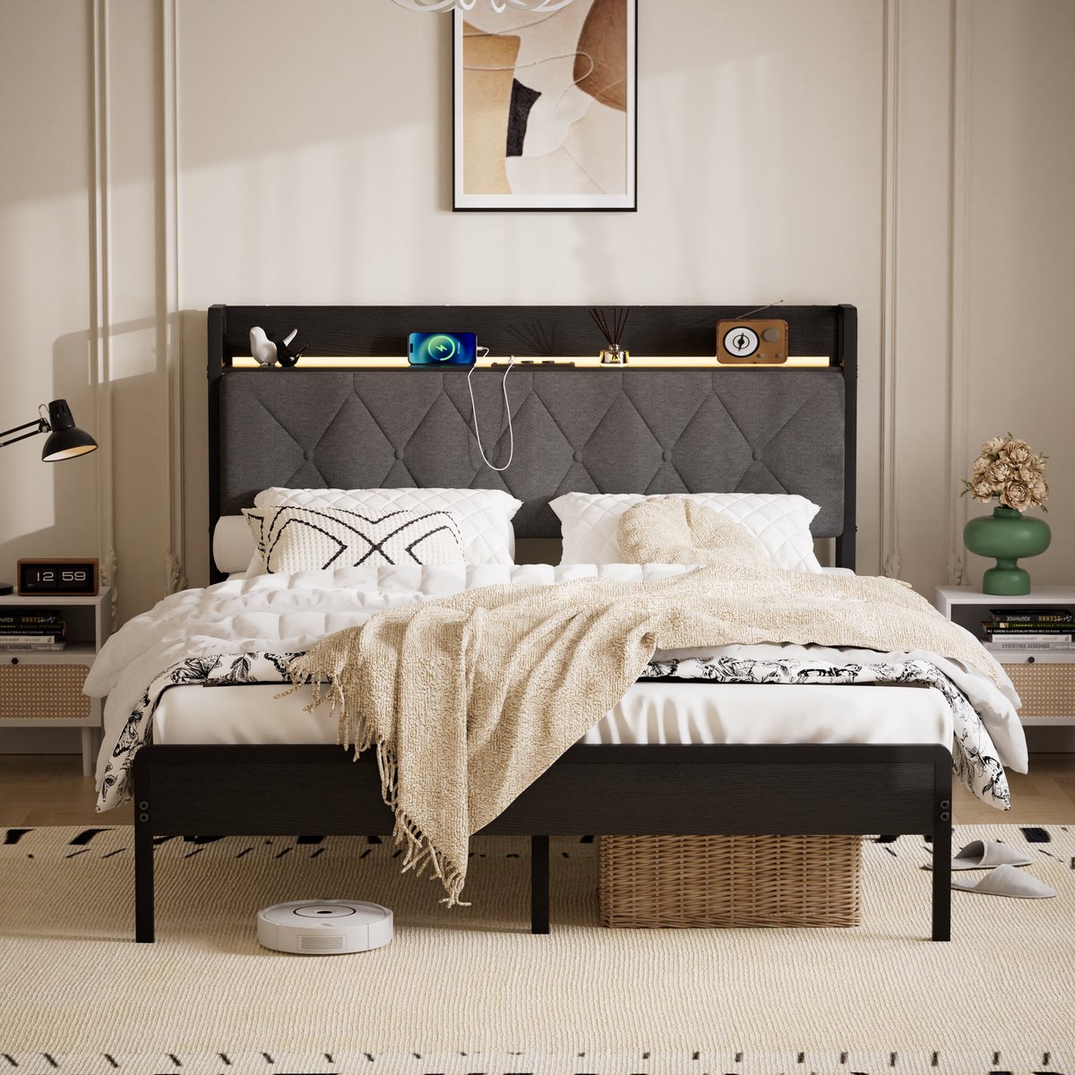 Clruro Opbergbed - 140x190 cm - 2 Stopcontacten en 2 USB-Poorten - Fluweel - Zwartgrijs