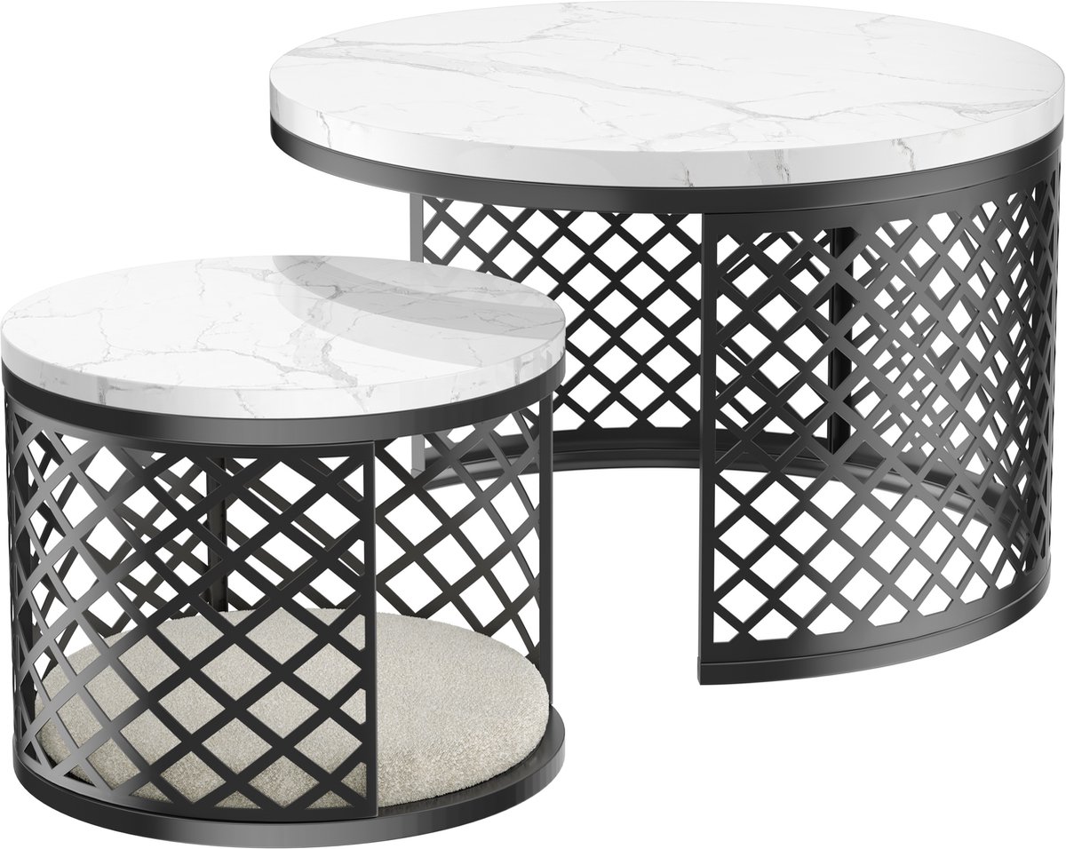 DESMIU Ronde Salontafel Set 70x70x45 cm en 45x45x35 cm – Met Huisdierplaats – Metaal en MDF – Wit – Zonder matras
