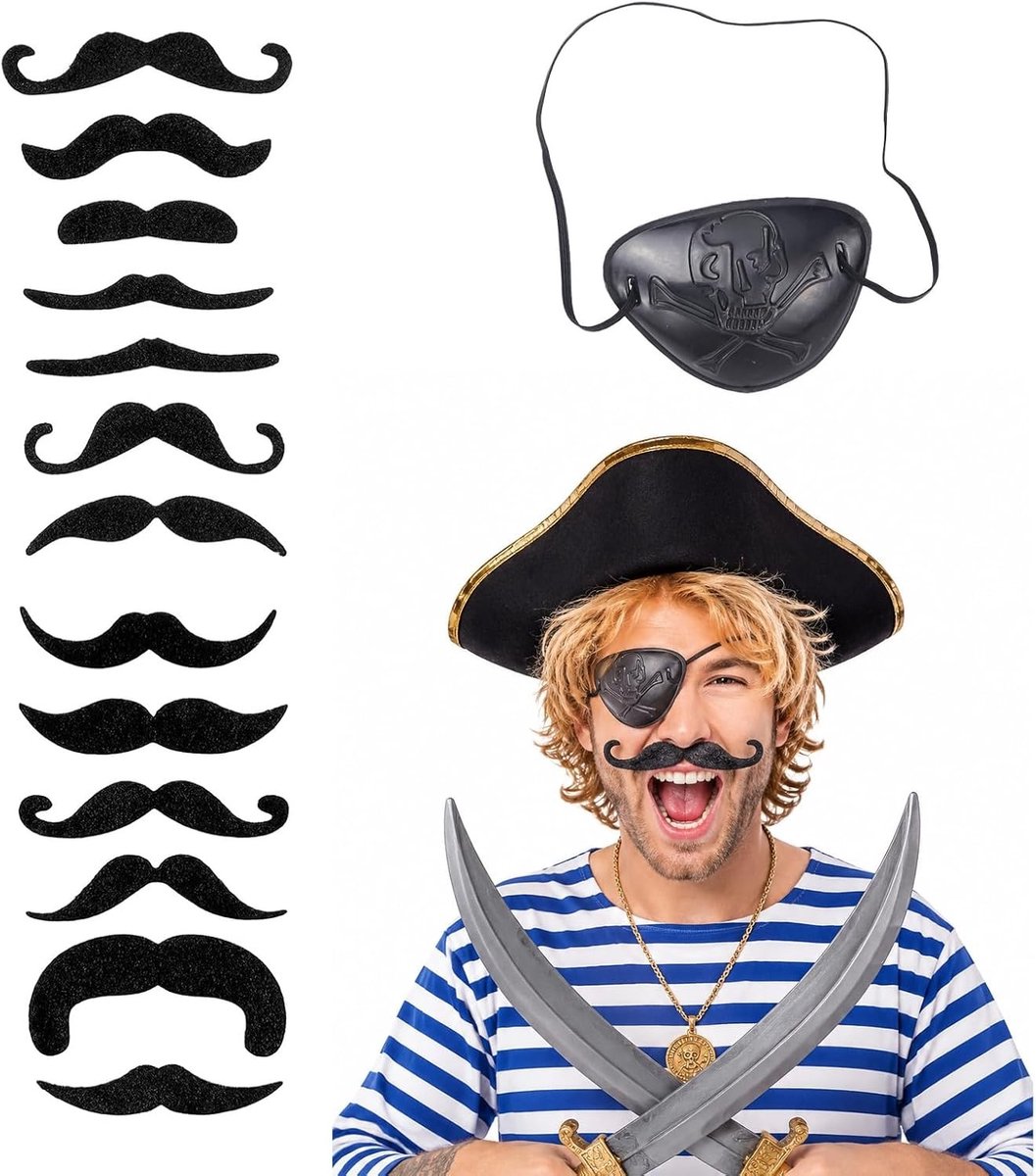 Realistische nepbaardset met 13 plakkers en 1 piraten-oogklep voor kostuumfeesten, Halloween en carnaval, perfect voor mannen en themafeesten