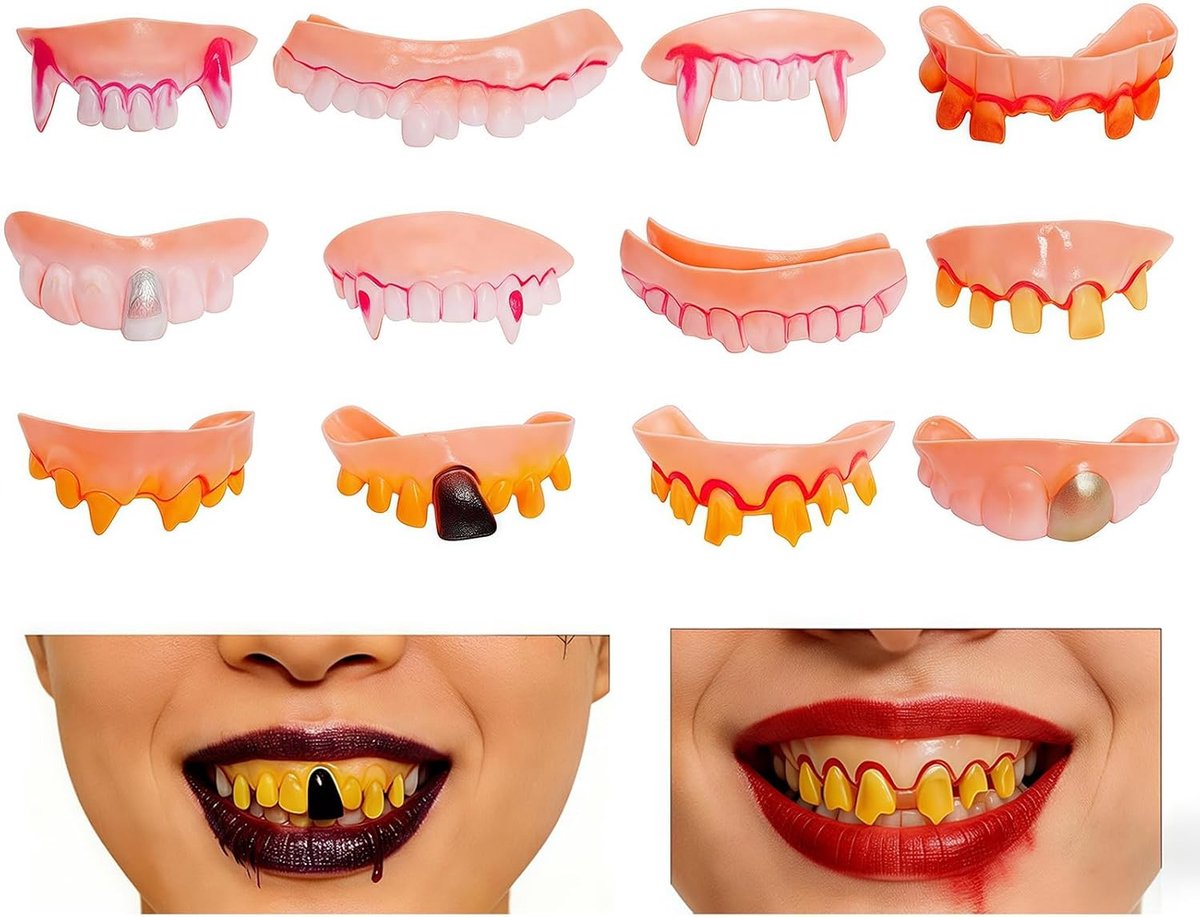 12-delige vampiertanden set met bloedvlekken, kostuumaccessoires voor Halloween en carnaval, griezelige feestrekwisieten en grapartikelen voor volwassenen