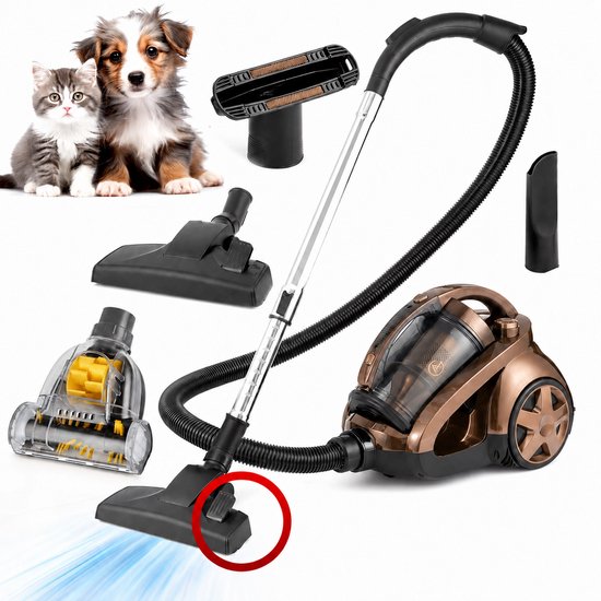 Bruine zakloze stofzuiger met diverse accessoires, waaronder een dieren- en kattenborstel.