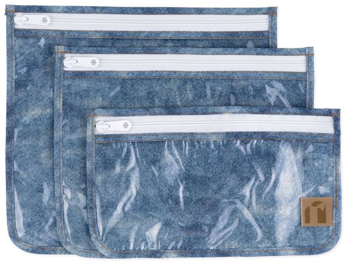 Roamio by Bumkins Clear Front Travel Bags Reistasjes met Doorzichtig Venster (3 stuks) - Crushed Denim - Voldoet aan Handbagage-Vloeistofregels - Waterdichte, Vlekbestendige Stof - Afmetingen 24x21,5 / 23x18 / 23x13 cmFormaten