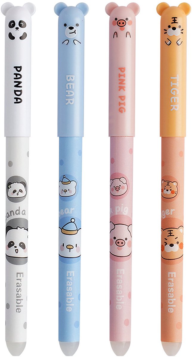 Ainy - Pastel Kawaii Dieren Uitwisbare Pen - set van 4 blauwe uitgumbare pennen voor in je etui - kawaii balpen | middelbare schoolspullen balpennen