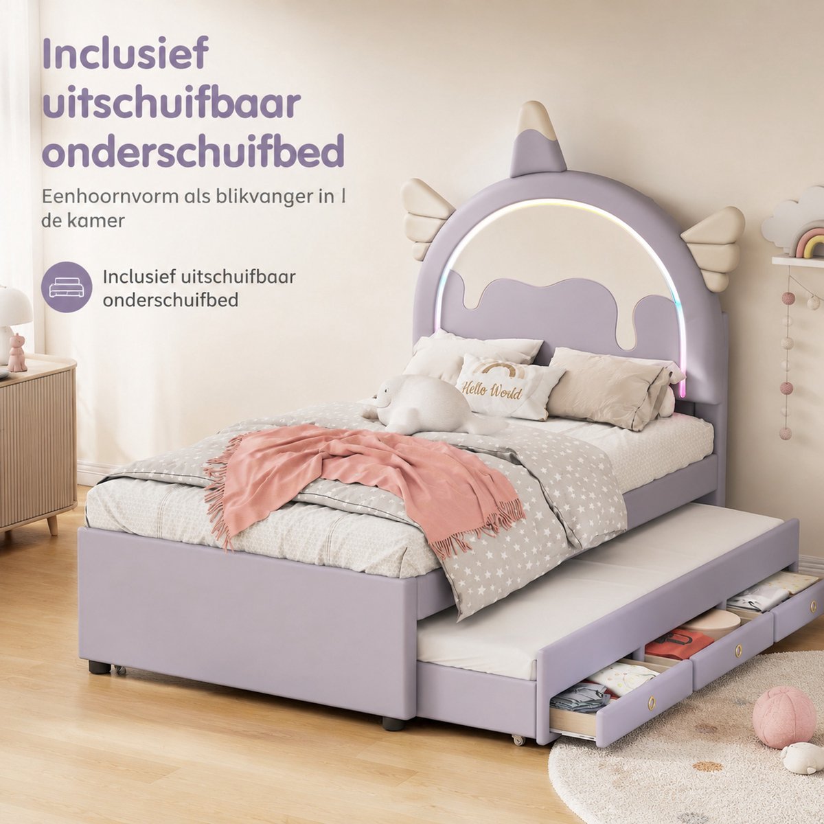 MIVRAY Kinderbed 90x200cm Zonder Matras - Eenpersoonsbed met Uittrekbed en Laden - Eenhoorn Design voor Kinderkamer - Kunstleer MDF - Paars — cadeau in Cadeau-ideeën - foto 8