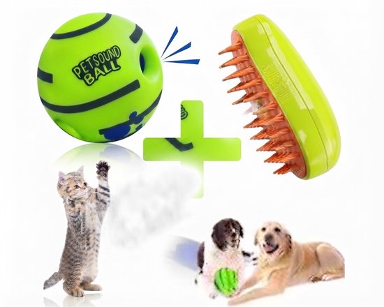 Groene interactieve bal met blauwe strepen en een borstel met oranje noppen. Een kitten springt omhoog, een hondje met een bal en een labrador liggen.