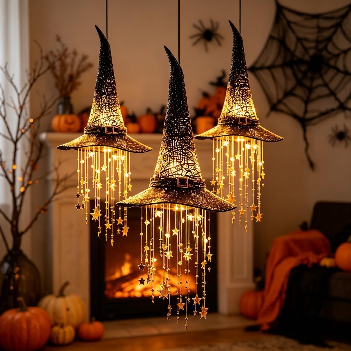 3 Stuks Hangende Halloween decoratie - Oplichtende tovenaarshoed - Halloween-decoraties - Halloween-cadeaus - Oplichtende tovenaarshoed - Heksenhoeddecoratie - Kwastjes met sterrenmotief - Voor Halloween & Herfstdecoratie - TENGYIF®