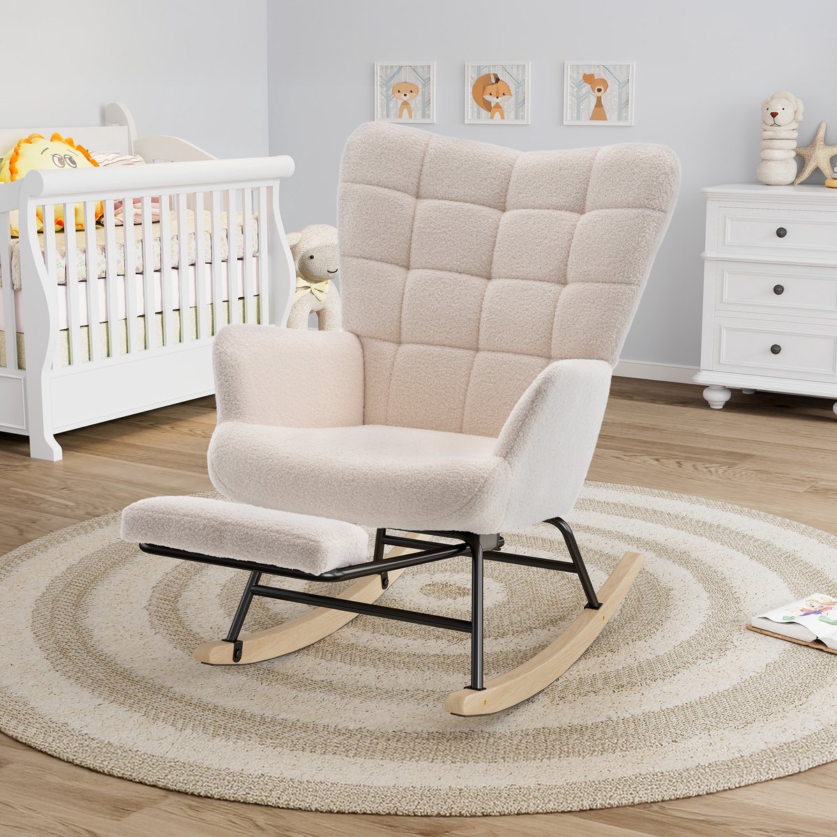 HAUSS SPOLE Schommelstoel - Schommelstoelen babykamer - Relaxfauteuil - Teddy - Met voetsteun - Beige