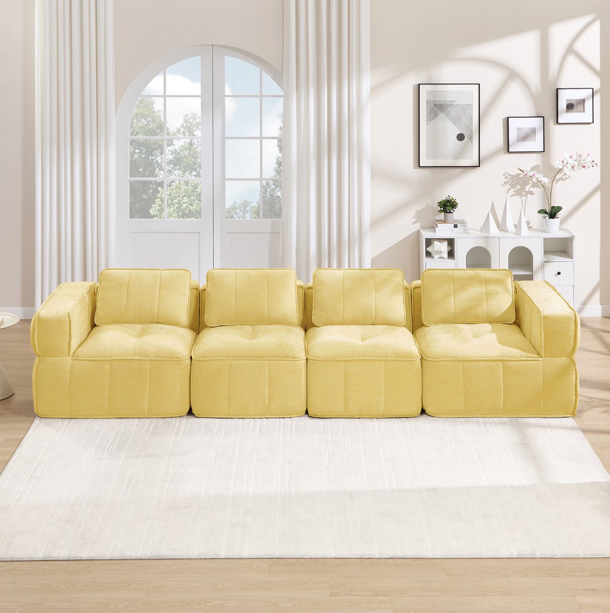 Wishdor Bank - Modulair 4-zits zonder frame - Brede armleuningen en antislip basis - Zachte 32D-vulling - Voor woonkamer ontspanning samen zitten - Polyester - Geel - 344 x 93 x 67 cm