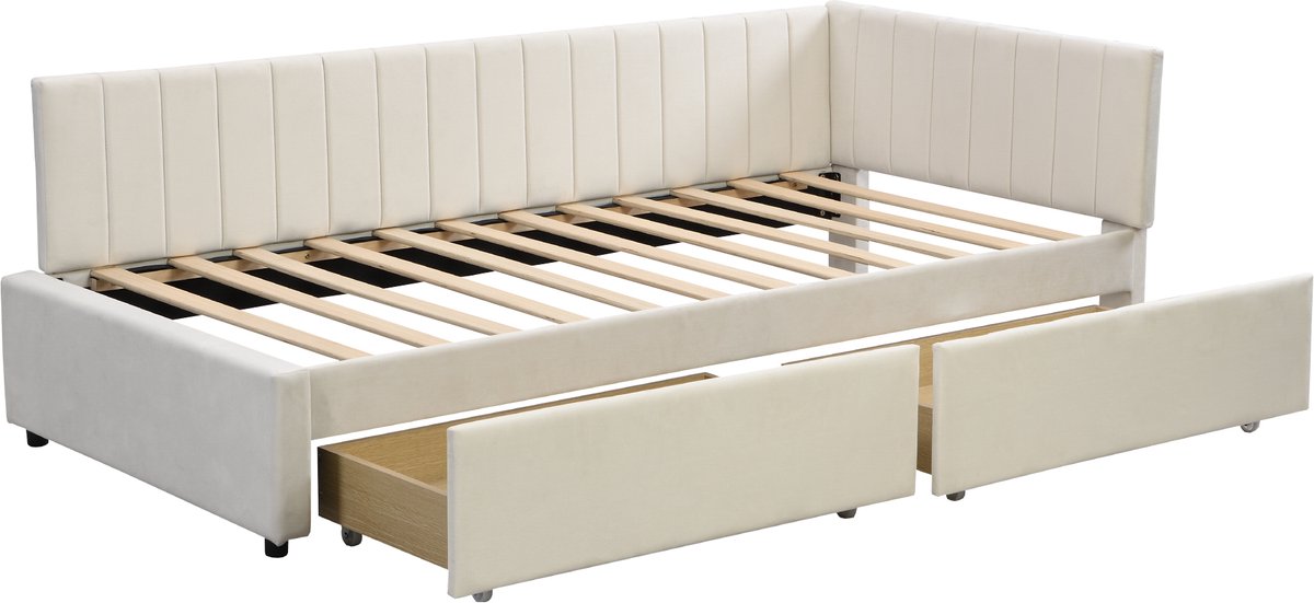 WUVRIE Slaapbank 90x200 cm met 2 opberglades, lattenbodem en verwisselbare rugleuning, beige