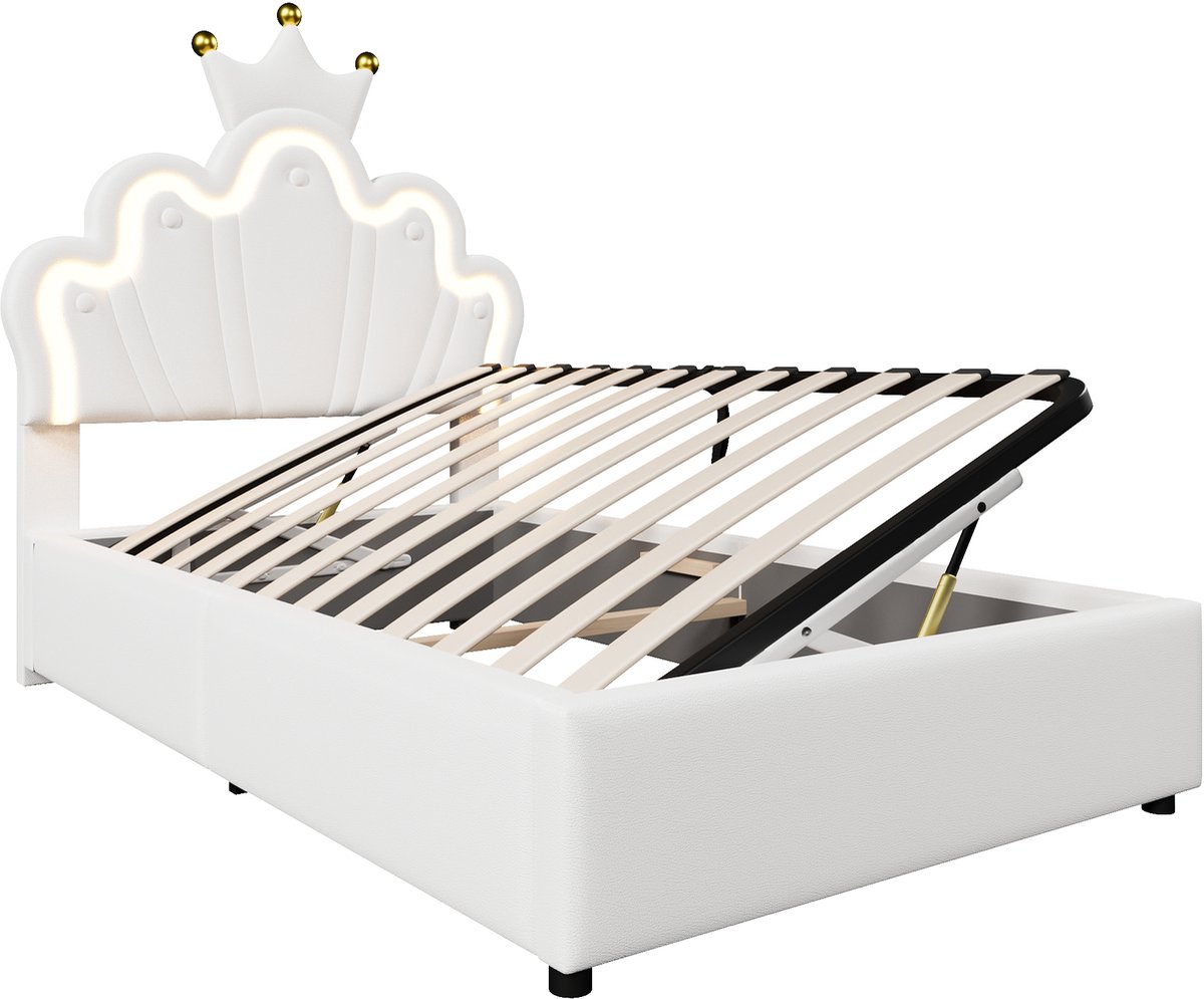 WUVRIE Gestoffeerd bed 90x200 cm met verstelbaar hoofdbord, LED-verlichting en hydraulische opbergruimte
