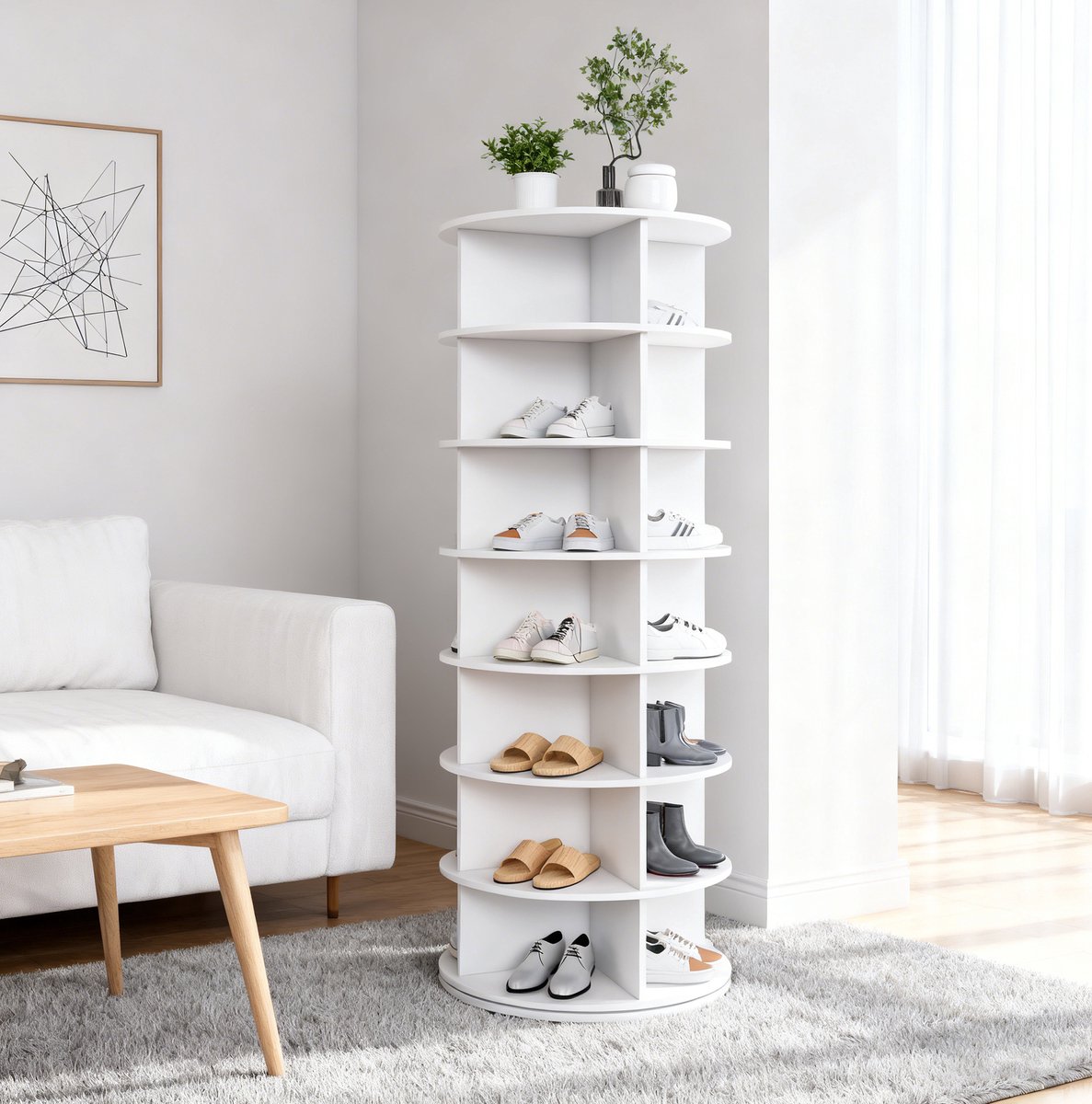 MODFU - Schoenenkast - 360° Draaibaar - 7 Etages - Staand Rek - Kunststof - Wit