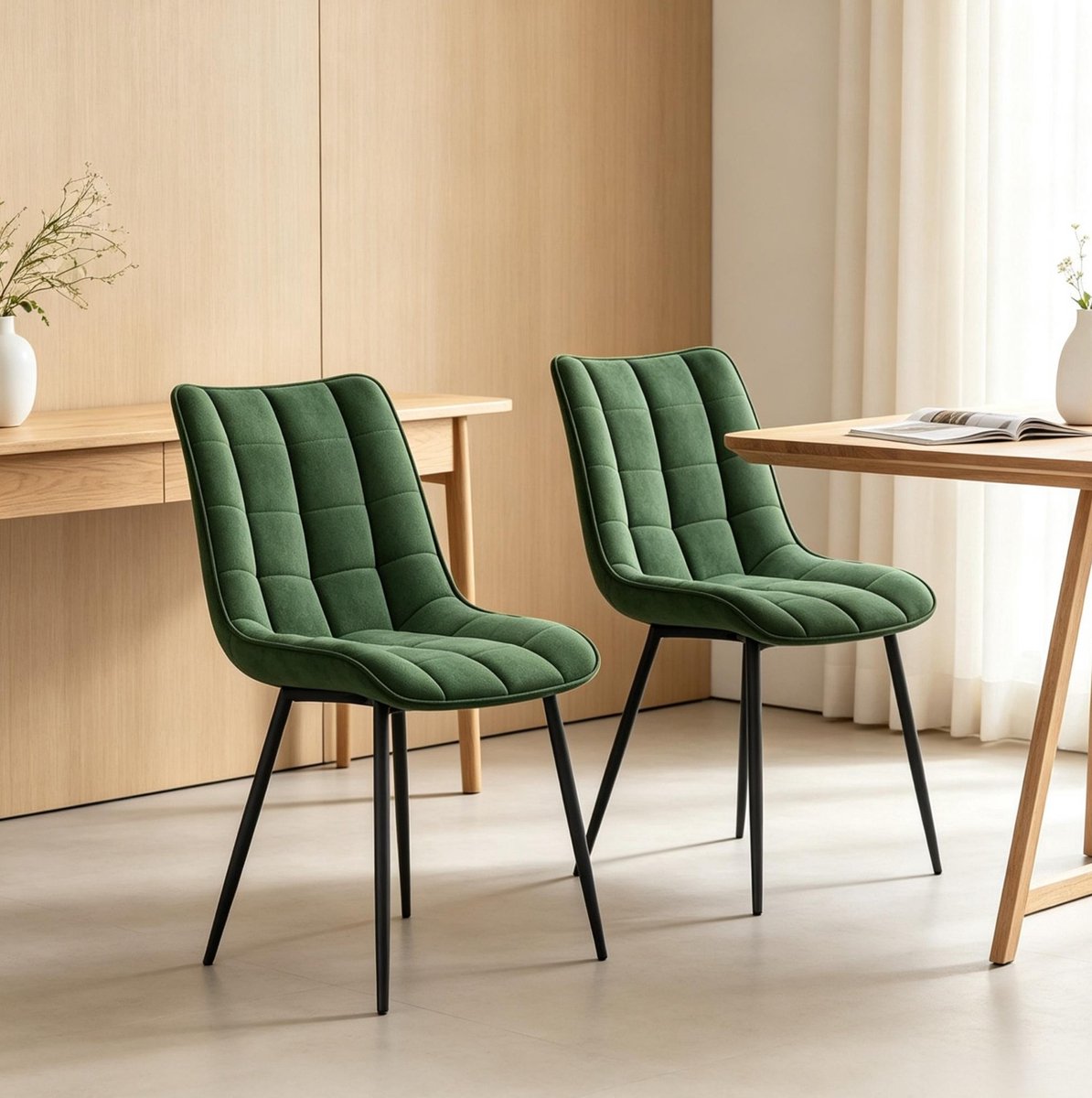 DESMIU Eetkamerstoel Set Van 2 - Gestikt Design Met Zachte Bekleding En Metalen Poten - Voor Eetkamer, Woonkamer En Bureau - Fluweel - Donkergroen