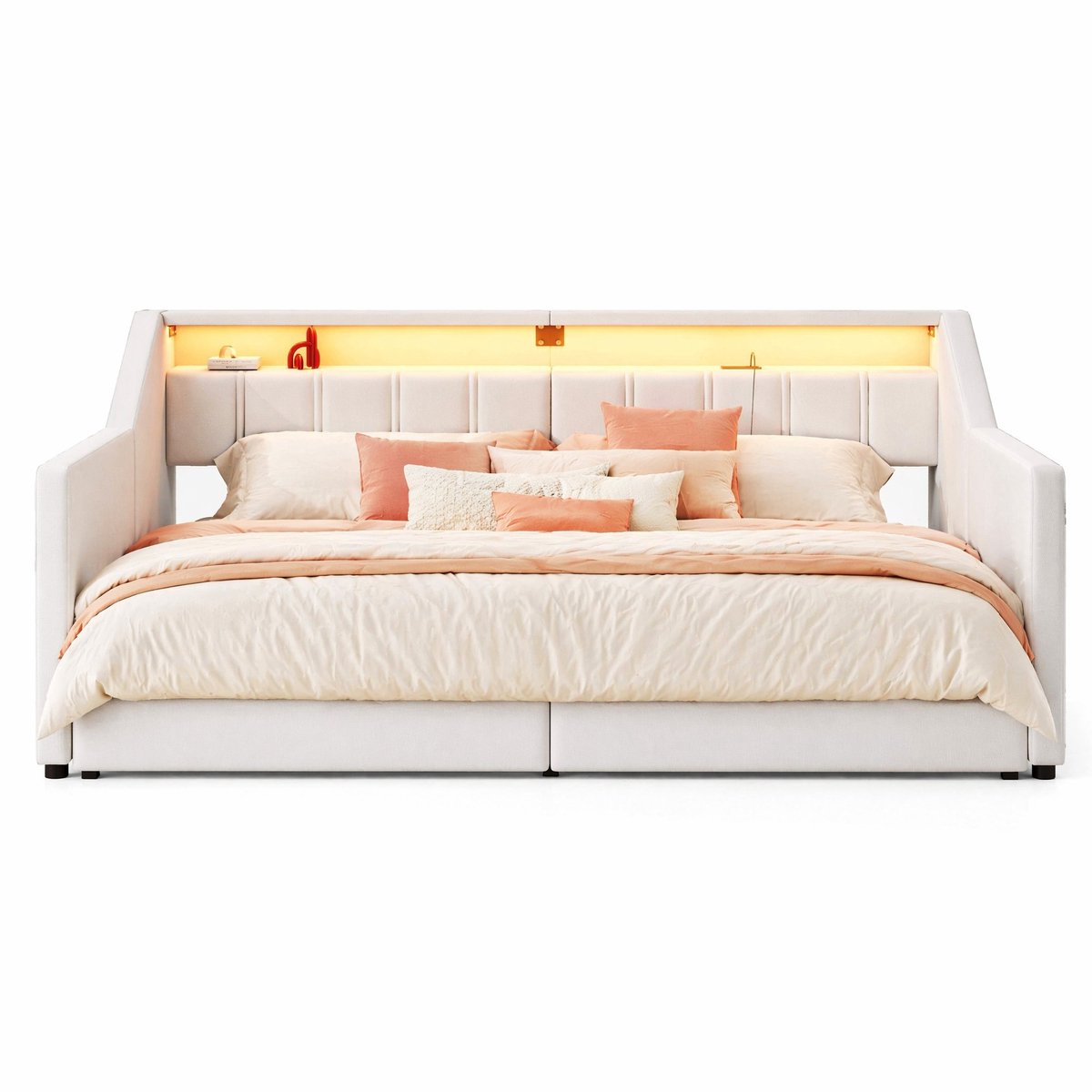 WUVRIE Bedbank 90x200 cm met uitschuifbed, USB en USB-C, LED, 2 lades en opbergruimte, beige
