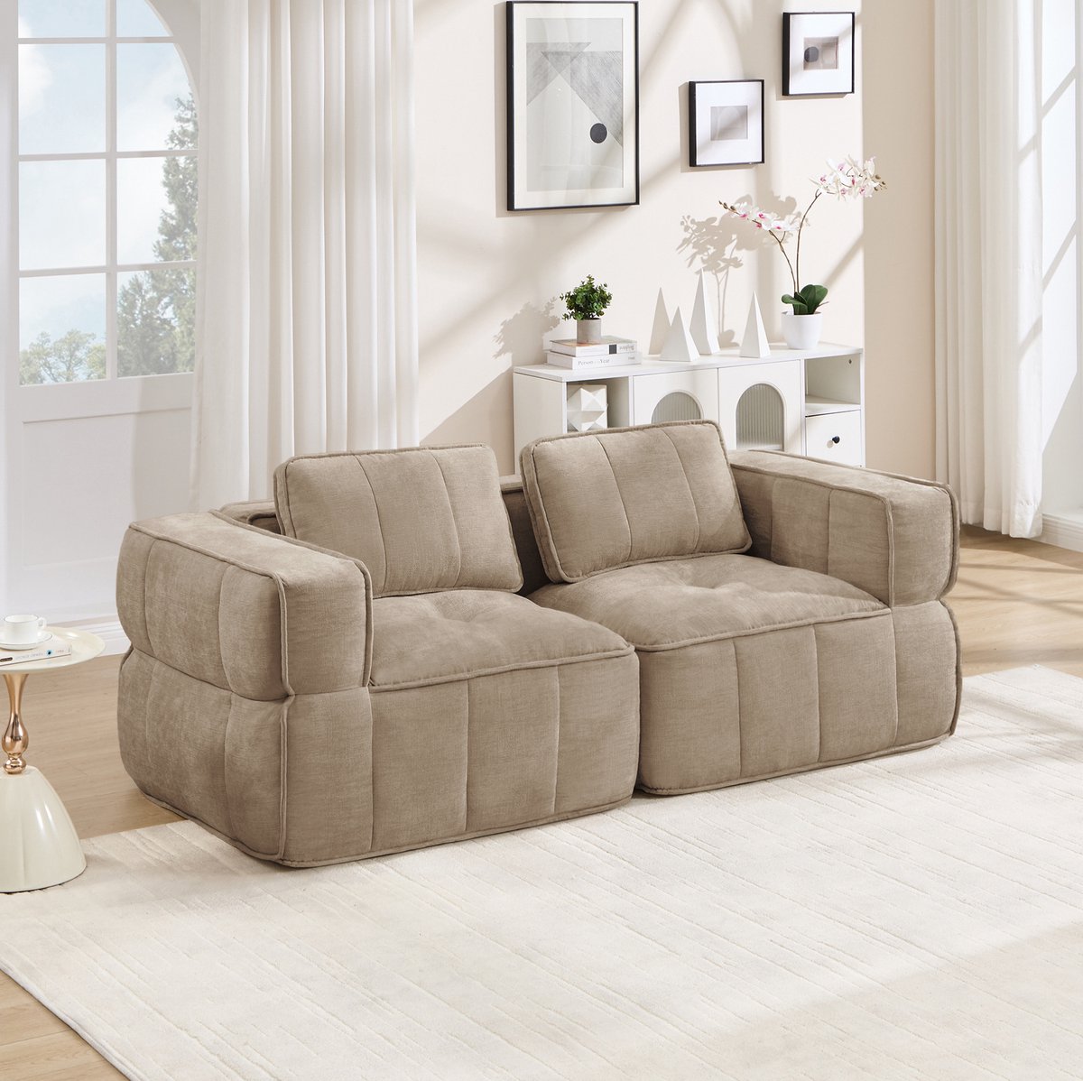 Wishdor Zitbank - Modulair zonder frame - 32D hoogdichtheidsschuim en diepe zit - Modern design - Woonkamer appartement - Polyester - Zand - 198 x 93 x 67 cm