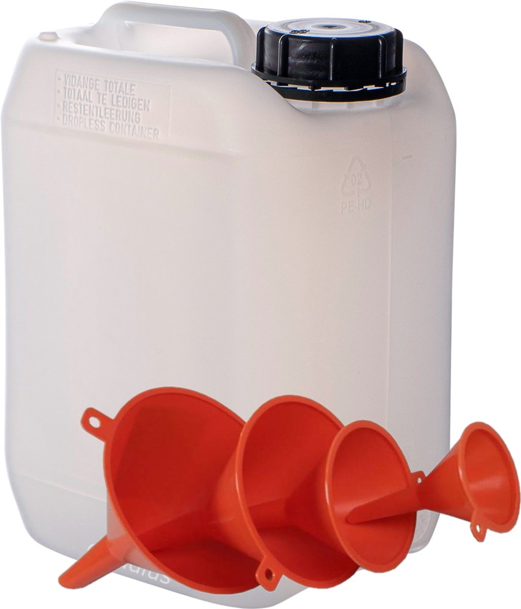 Jerrycan 5 liter transparant | met 4-delige trechterset | geschikt voor water | UN gekeurd | benzine | handig stapelbaar | food grade | inclusief dop | totaal te legen | noodpakket