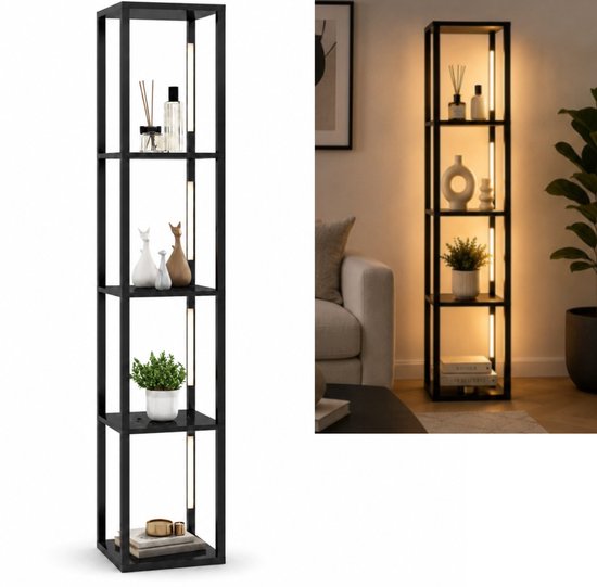 Lampe sur pied noire à quatre étagères, bandes LED, et vue séparée de la lampe allumée.