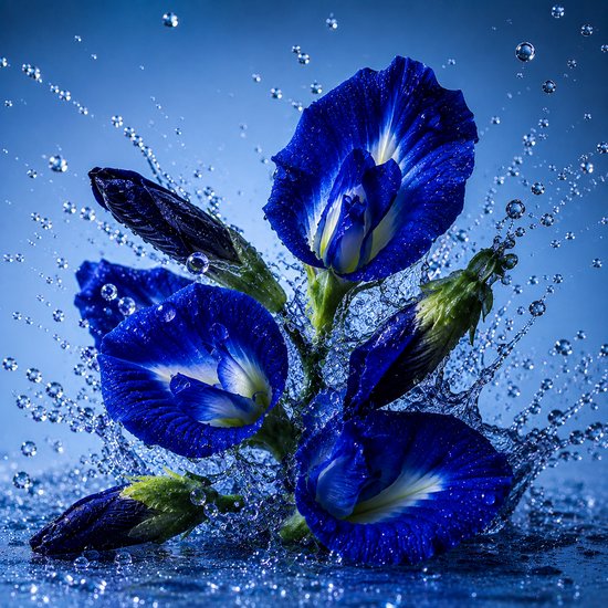 Blauwe matcha thee bloemen met waterdruppels