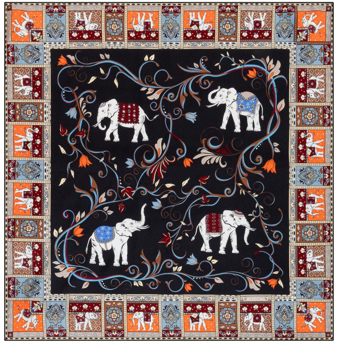 ROECKL sjaal Lucky Elephant 53x53 Black / Beige veelkleurig