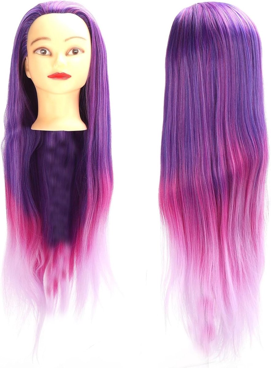 Professionele oefenhoofd voor haarstyling in paars-roze gradient met haar voor het oefenen van vlechten en stijlen