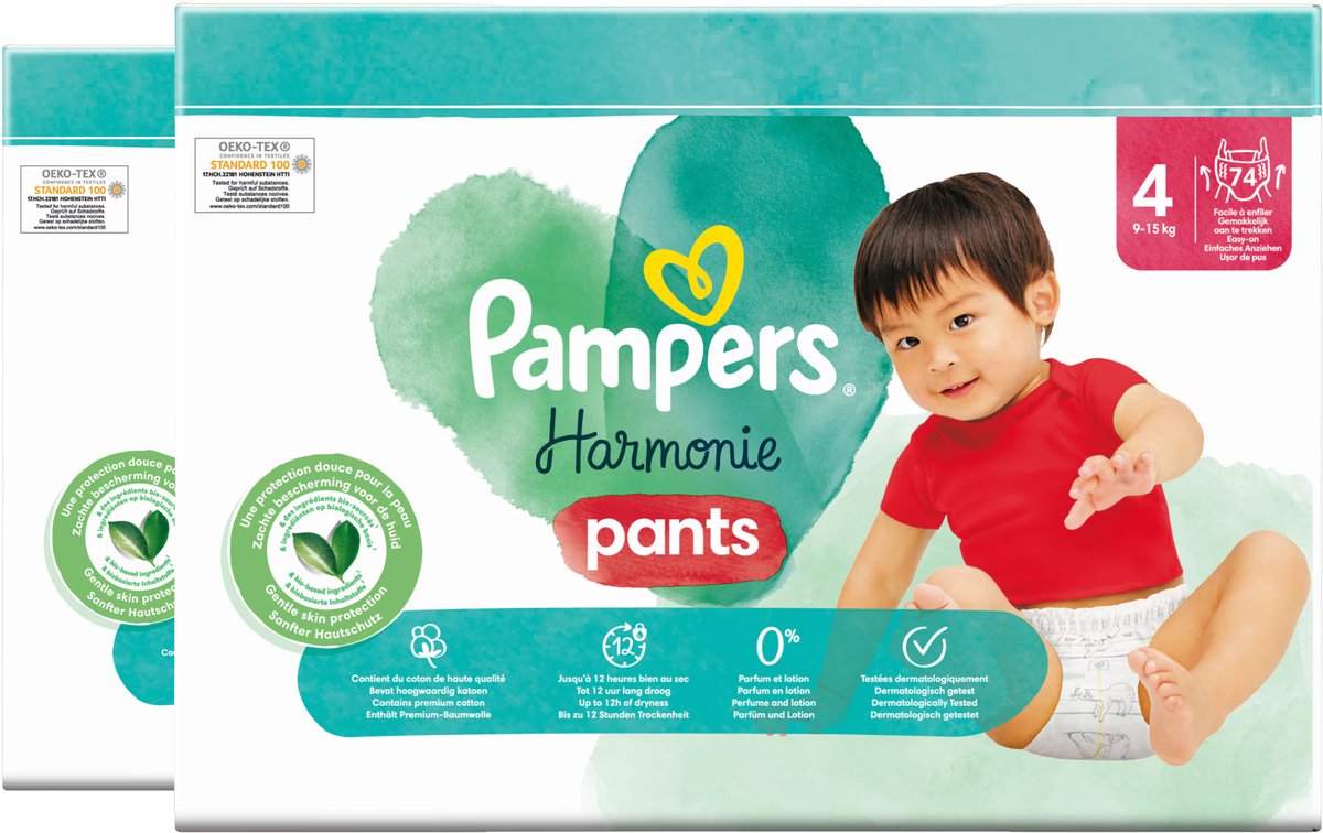 Pampers Harmonie Pants luierbroekjes - Maat 4 - 148 stuks - 2 x 74 luierbroekjes (9-15KG) - 100% droogheid van Pampers - Rekbare tailleband rondom voor eenvoudig verschonen