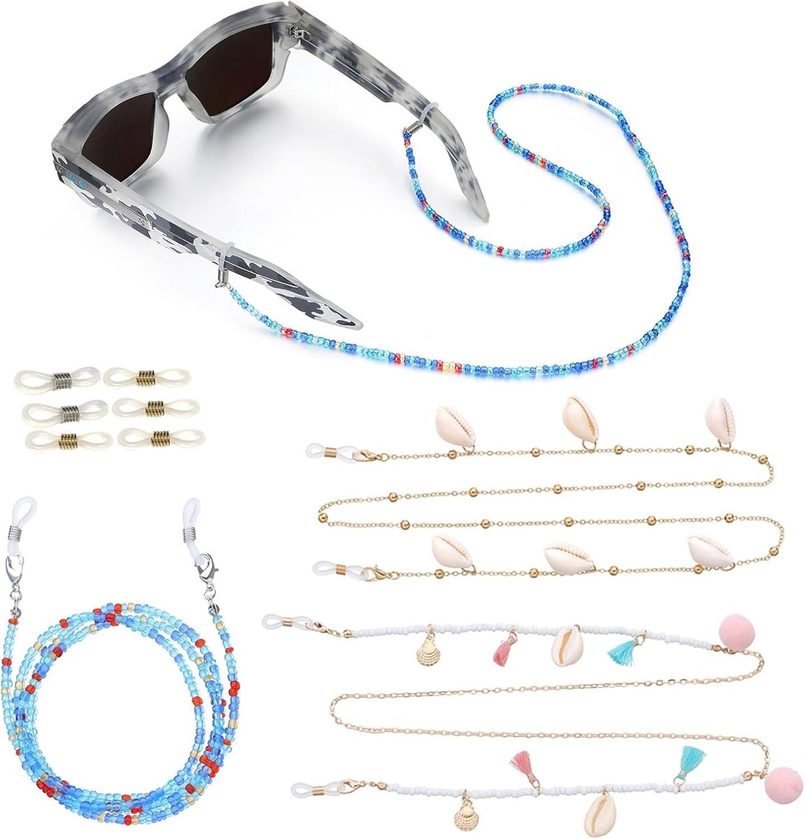 Zonnebrilketting met Schelpen, 3 Stuks, Verstelbare Brilband, Antislip Brilkoord voor Dames en Heren, Lichtgewicht en Comfortabel