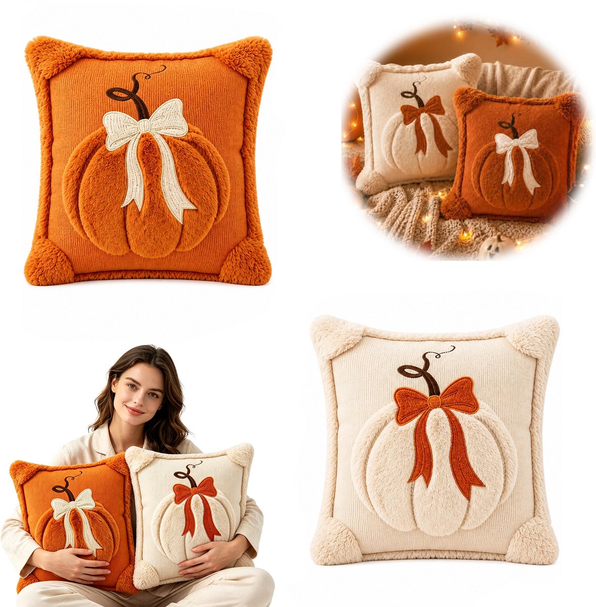 2 stuks - Kussenhoes - Herfst kussenhoes - Kussenhoes 45x45 - Pompoen kussenhoes - Bankkussenhoes - Polyester kussenhoes - 3D pluizige pompoen applicatie - Oranje + gebroken wit - 45 cm x 45 cm - sfeervolle herfst woonaccessoire