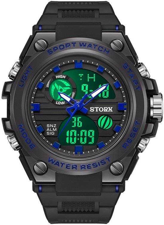 Zwart sportief horloge met groene en blauwe details. Het horloge toont de tijd digitaal en analoog, met de tekst 'SPORT WATCH' en 'WATER RESIST'.