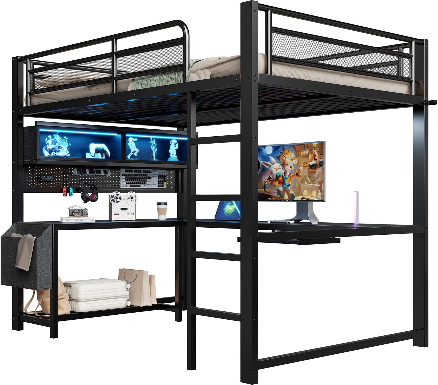 MUVANO Gaming hoogslaper met bureau - Metalen bedframe - Hoogslaper 140x200 cm zwart - Met led verlichting - 140x200 - Ingebouwd oplaadstation - Slaapkamer Zwart