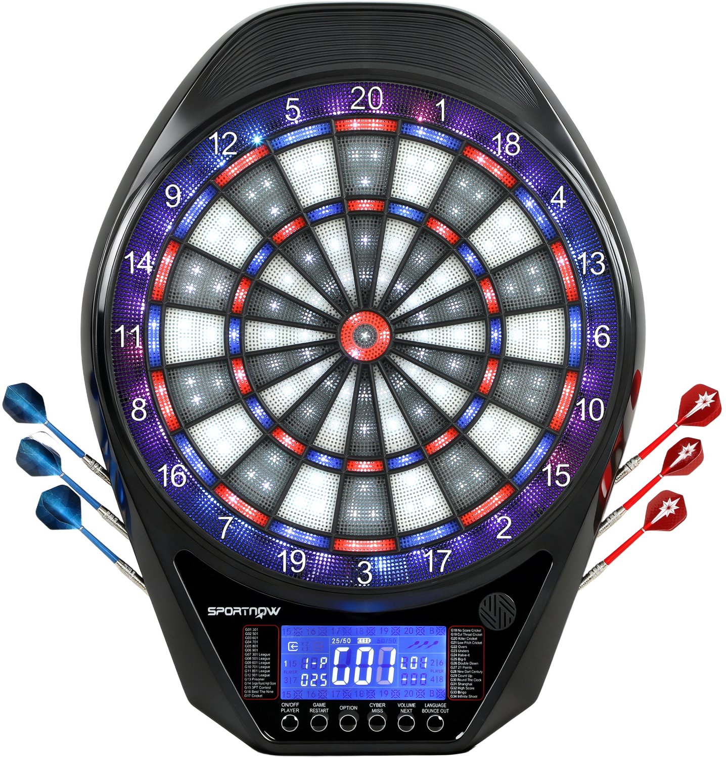 Elektronisch Dartbord- Elektronisch Dartbord met LED-Verlichting- 34Spellen & 369 Variaties- Inclusief 6 Dartschachten & 24 Reserve Dartkoppen- LCD met Cricket Score- voor 8 Spelers