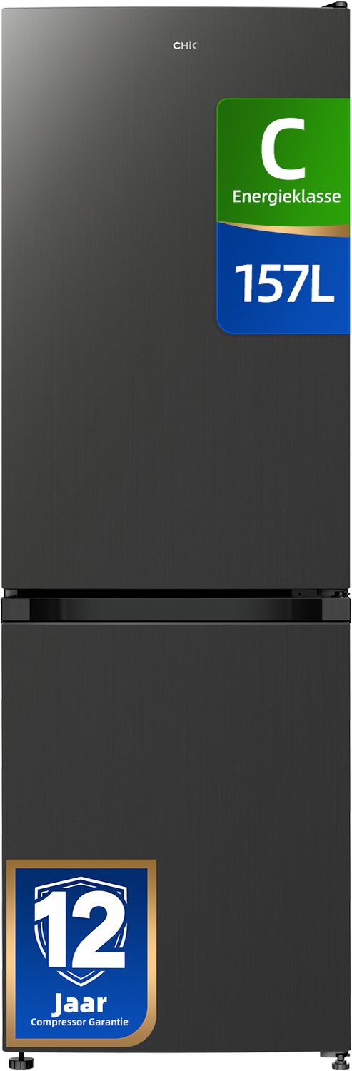 chiq CBM162DGC - Koel-vriescombinatie - 157 Liter - Klasse C - Praktische indeling - Elektronische Bediening - 12 jaar garantie op compressor zwart roestvrijstaal 2026 c