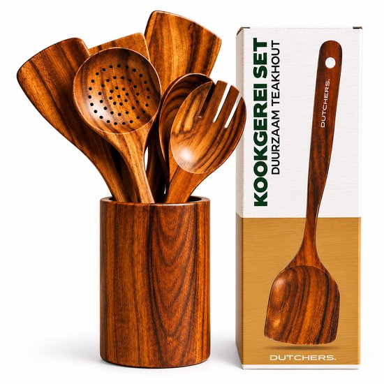 Dutchers® 7-delige Teakhouten Spatel set - Houten Spatels - Soeplepel Hout - Antiaanbakpan - Keuken lepel - Kookgerei - Wokspatels - Pollepels - Opscheplepel - Keukenlepel - Kookgerei - Keukengerei - Cadeau - Keukenaccessoires