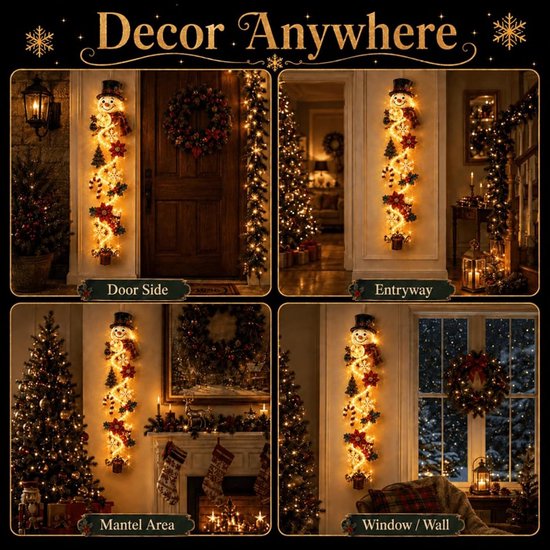 Collage van kerstdecoratie getoond bij een deur, in een hal, bij een schouw en bij een raam. Tekst: Decor Anywhere.