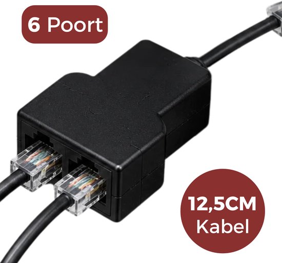 Zwarte 6-poorts P1-splitter met twee aangesloten RJ12-kabels en een kabel van 12,5 cm.